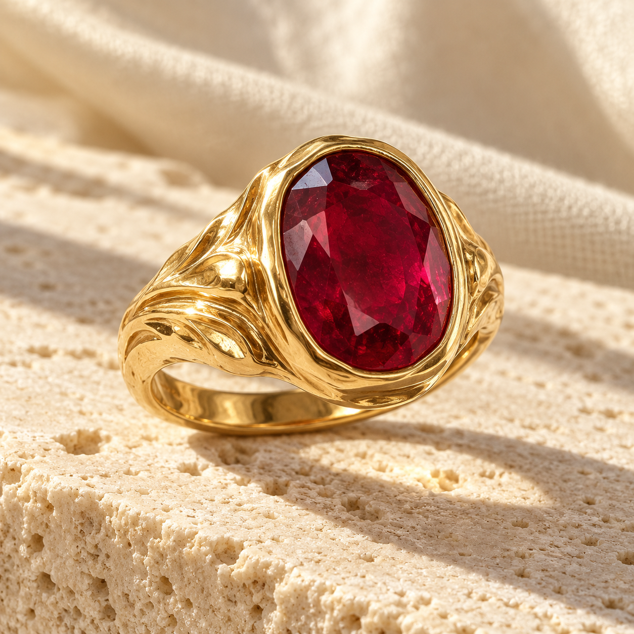 Sculptural gold Zawadi ring with a deep red oval ruby on sunlit ivory stone
