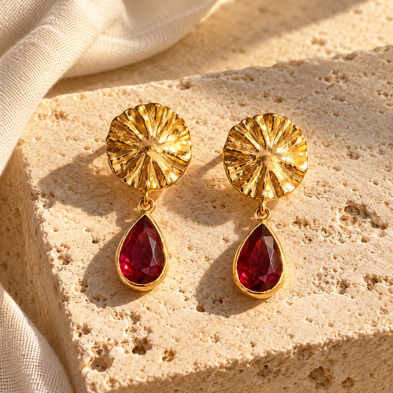 Pair of Solara gold drop earrings with ruby teardrops and textured round tops