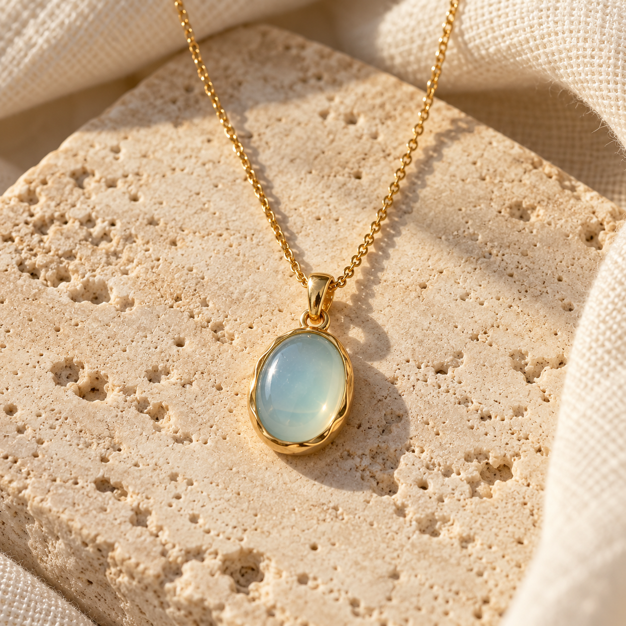 Bahari gold pendant holding a pale-blue chalcedony stone