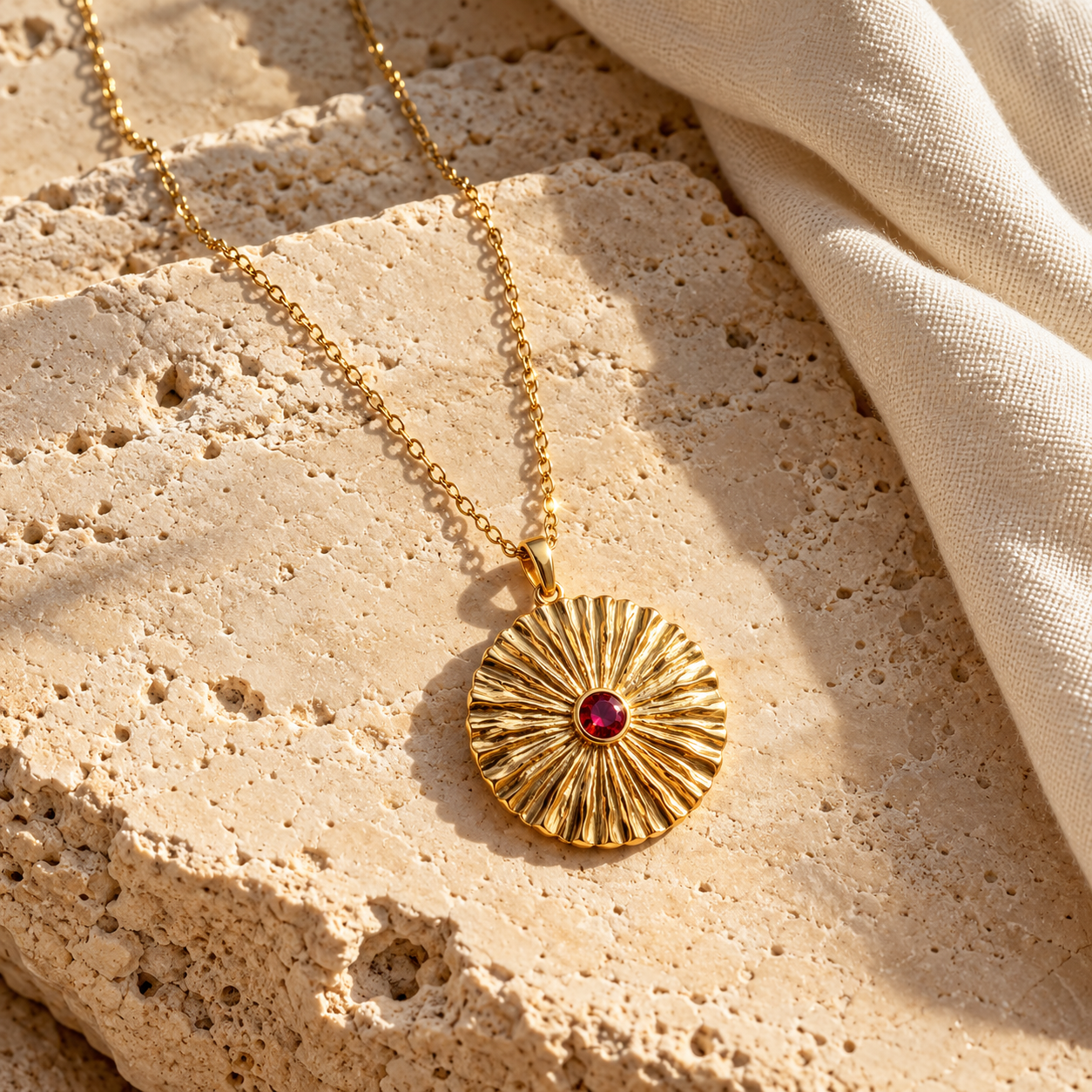 Round sunburst Nyota gold necklace with a central ruby on warm sandstone