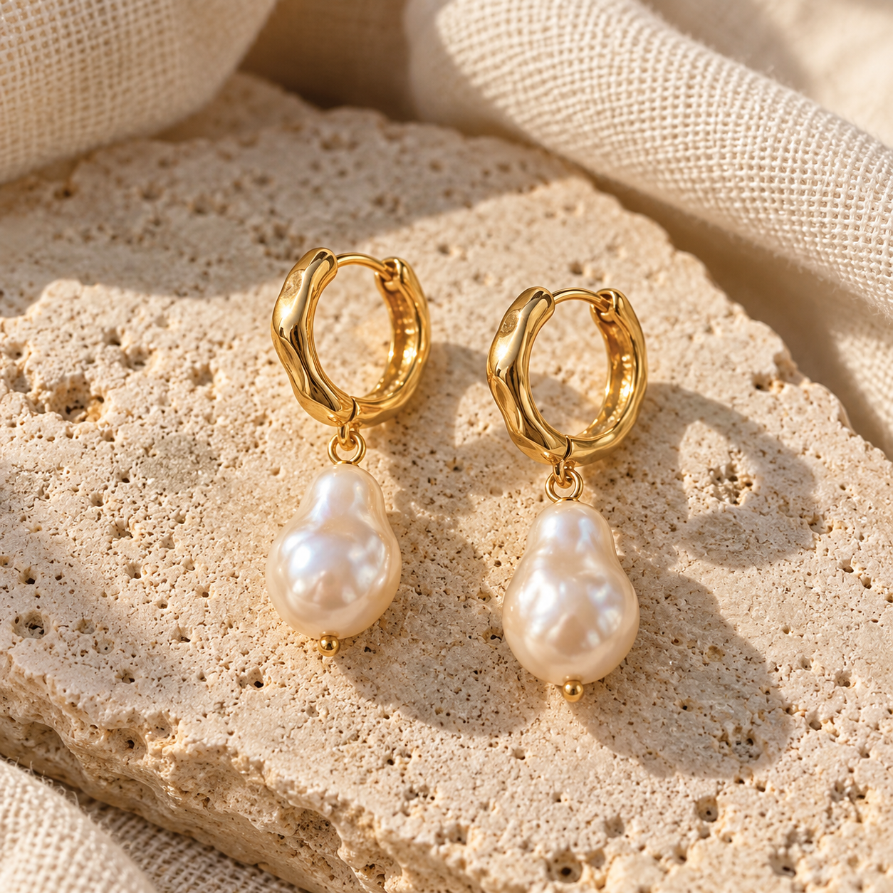 Lulu earrings with ivory baroque pearls suspended from small gold hoops